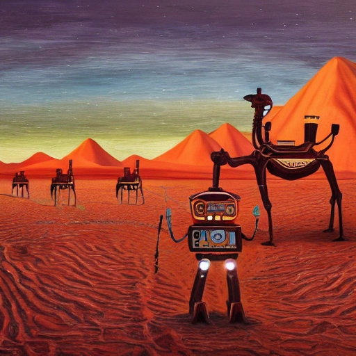 Acrylic painting, detailed and intricate, cinematic scene of a AI Robot with glowing red eyes through a vast desert with their robotic camels futuristic equipment and tents, the sun setting behind them casting a warm orange glow. In the style of Frida Kahlo and Salvador Dali, masterpiece, proportional, detailed, trending on artstation, beautiful lighting, realistic, intricate, award winning, 4k, highest quality