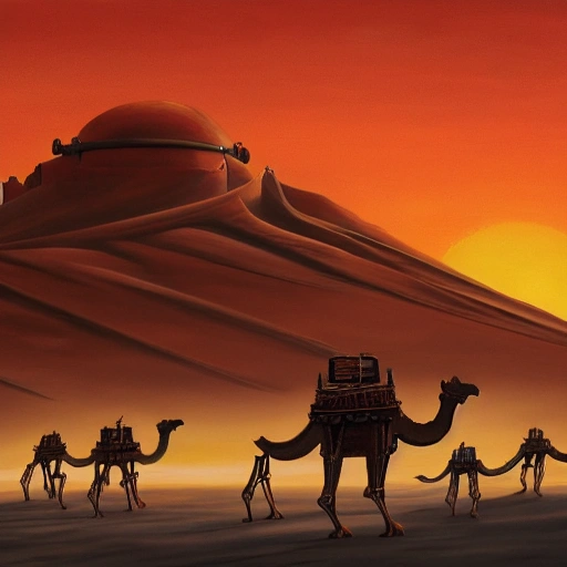 Acrylic painting, detailed and intricate, cinematic scene of a broken Robot with glowing red eyes through a vast desert with their robotic camels and flying vessels with war background, the sun setting behind them casting a warm orange glow. In the style of Frida Kahlo and Salvador Dali, masterpiece, proportional, detailed, trending on artstation, beautiful lighting, realistic, intricate, award winning, 4k, highest quality, Cartoon