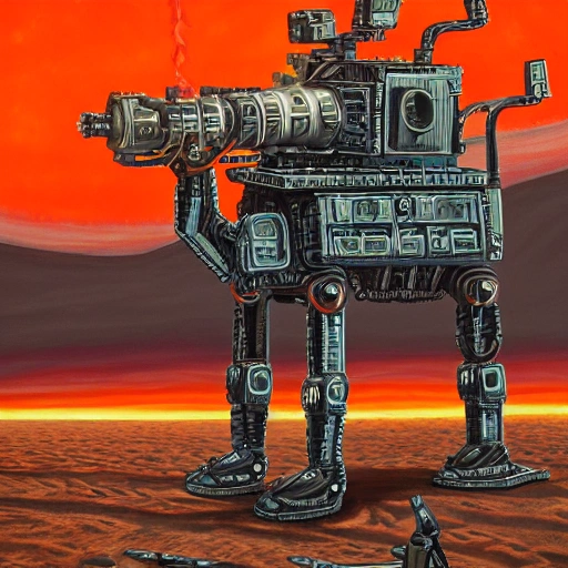 Acrylic painting, detailed and intricate, cinematic scene of a broken War Robot holding flamethrower with glowing red eyes through a vast desert with their robotic camels and flying vessels with war background, the sun setting behind them casting a warm orange glow. In the style of Frida Kahlo and Salvador Dali, masterpiece, proportional, detailed, trending on artstation, beautiful lighting, realistic, intricate, award winning, 4k, highest quality, Cartoon
