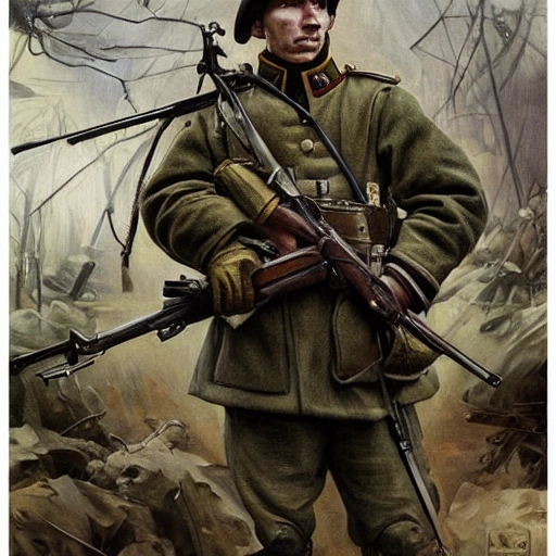 Perfect drawing of a brave Ukrainian soldier after victory in the great war, wearing a coat of arms of Ukraine, complex, highly detailed, 3D, popular on artstation, complex, elegant, highly detailed, digital painting, artstation, concept art, smooth, sharp focus, illustration , art by artgerm and greg rutkowski and Alfons Mucha, 8k