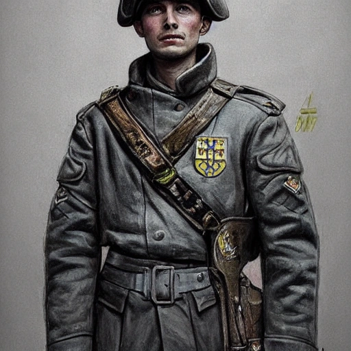 Perfect drawing of a brave Ukrainian soldier after victory in the great war, wearing a coat of arms of Ukraine, complex, highly detailed, 3D, popular on artstation, complex, elegant, highly detailed, digital painting, artstation, concept art, smooth, sharp focus, illustration , art by artgerm and greg rutkowski and Alfons Mucha, 8k