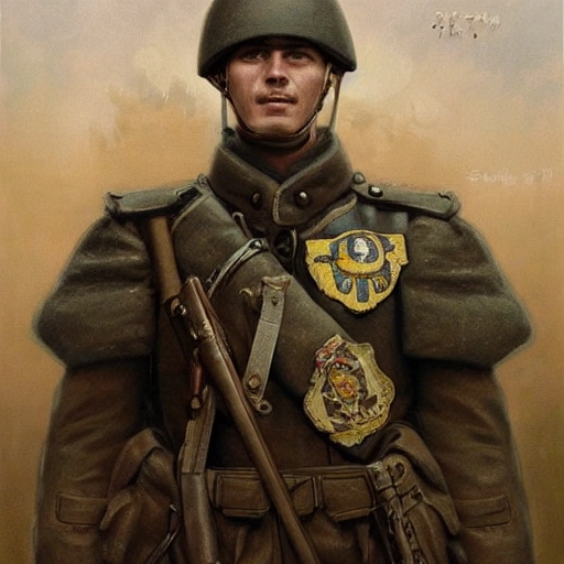 Perfect drawing of a brave Ukrainian soldier after victory in the great war, wearing a coat of arms of Ukraine, complex, highly detailed, 3D, popular on artstation, complex, elegant, highly detailed, digital painting, artstation, concept art, smooth, sharp focus, illustration , art by artgerm and greg rutkowski and Alfons Mucha, 8k