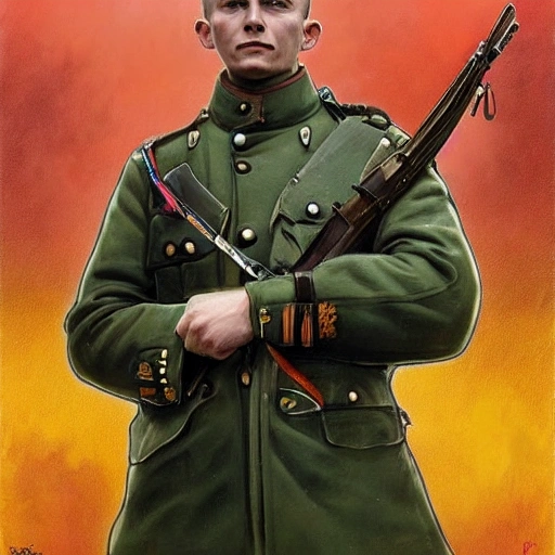 Perfect drawing of a brave Ukrainian soldier after victory in the great war, wearing a coat of arms of Ukraine, complex, highly detailed, 3D, popular on artstation, complex, elegant, highly detailed, digital painting, artstation, concept art, smooth, sharp focus, illustration , art by artgerm and greg rutkowski and Alfons Mucha, 8k