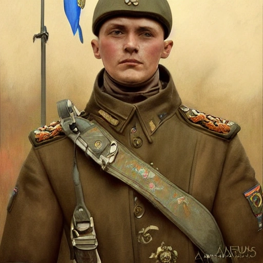 Perfect drawing of a brave Ukrainian soldier after victory in the great war, wearing a coat of arms of Ukraine, complex, highly detailed, 3D, popular on artstation, complex, elegant, highly detailed, digital painting, artstation, concept art, smooth, sharp focus, illustration , art by artgerm and greg rutkowski and Alfons Mucha, 8k