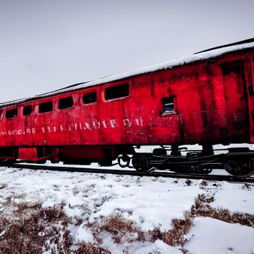 old train red, snow, foog 