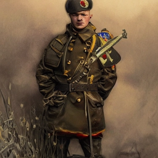 Perfect drawing of a brave Ukrainian soldier after victory in the great war, wearing a coat of arms of Ukraine, complex, highly detailed, 3D, popular on artstation, complex, elegant, highly detailed, digital painting, artstation, concept art, smooth, sharp focus, illustration , art by artgerm and greg rutkowski and Alfons Mucha, 8k