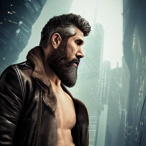 mdjrny-v4 style, symmetric, cyberpunk, intricate, centred 3d render ultra detailed of a neanderthal with beard wearing in leather jacket, 150 mm, beautiful studio soft light, rim light, vibrant details, luxurious antic, hyperrealistic, anatomical, blade runner atmosphere , elegant, octane render, by Andrzej Marszalek art, 8k, 3D