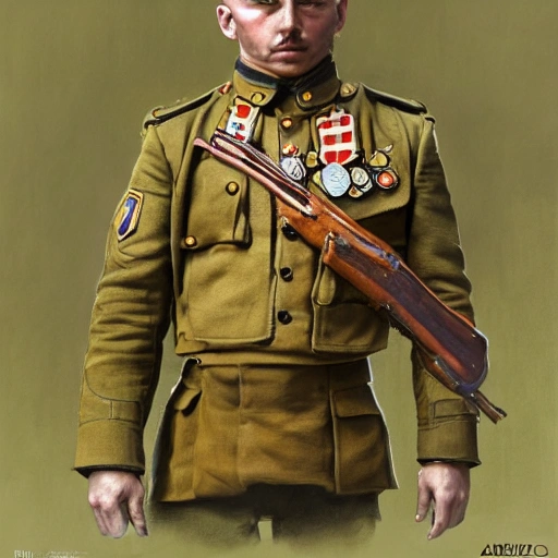 Perfect drawing of a brave Ukrainian soldier after victory in the great war, wearing a coat of arms of Ukraine, complex, highly detailed, 3D, popular on artstation, complex, elegant, highly detailed, digital painting, artstation, concept art, smooth, sharp focus, illustration , art by artgerm and greg rutkowski and Alfons Mucha, 8k