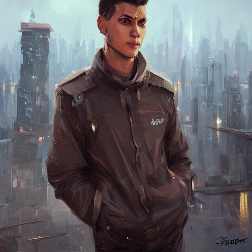 portrait of a young man by Greg Rutkowski, short quiff brown hair, attractive, symmetrical, kind, strong, smiling, manly, nice, highly detailed portrait, bright open eyes, cityscape in background, scifi, realistic digital painting, artstation, concept art, smooth, sharp focus illustration, Artstation HQ, city skyline in background

