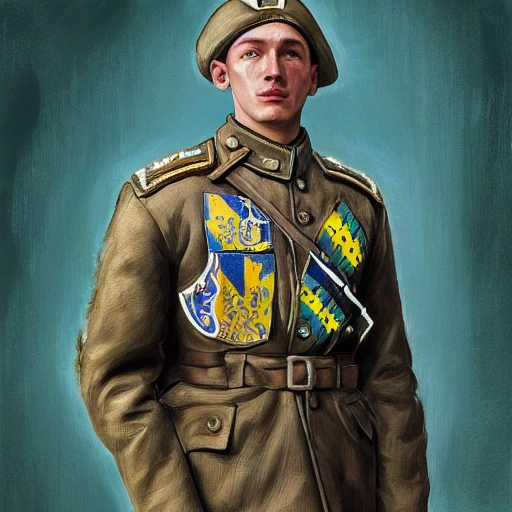 Perfect drawing of a brave Ukrainian soldier after victory in the great war, wearing a coat of arms of Ukraine, complex, highly detailed, 3D, popular on artstation, complex, elegant, highly detailed, digital painting, artstation, concept art, smooth, sharp focus, illustration , art by artgerm and greg rutkowski and Alfons Mucha, 8k