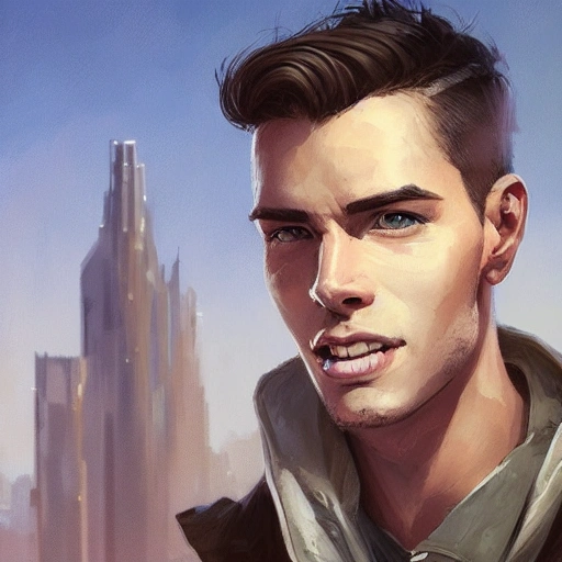 portrait of a young man by Greg Rutkowski, short quiff brown hair, attractive, symmetrical, kind, strong, smiling, manly, nice, highly detailed portrait, bright open eyes, cityscape in background, scifi, realistic digital painting, artstation, concept art, smooth, sharp focus illustration, Artstation HQ, city skyline in background

