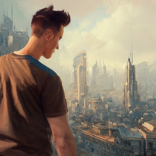 portrait of a young man by Greg Rutkowski, short quiff brown hair, attractive, symmetrical, kind, strong, smiling, manly, nice, highly detailed portrait, bright open eyes, cityscape in background, scifi, realistic digital painting, artstation, concept art, smooth, sharp focus illustration, Artstation HQ, city skyline in background

