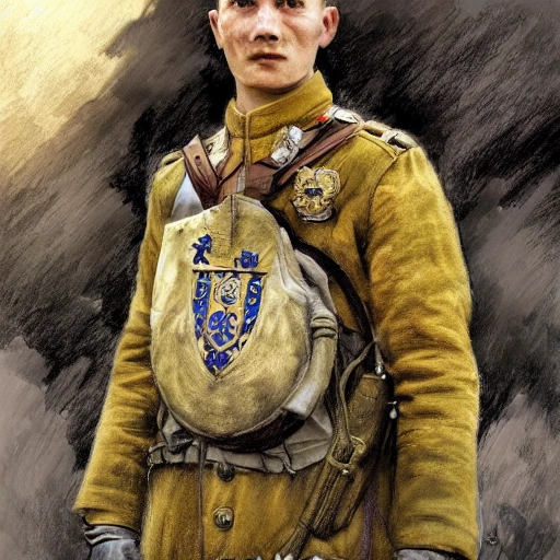 Perfect drawing of a brave Ukrainian soldier after victory in the great war, wearing a coat of arms of Ukraine, complex, highly detailed, 3D, popular on artstation, complex, elegant, highly detailed, digital painting, artstation, concept art, smooth, sharp focus, illustration , art by artgerm and greg rutkowski and Alfons Mucha, 8k