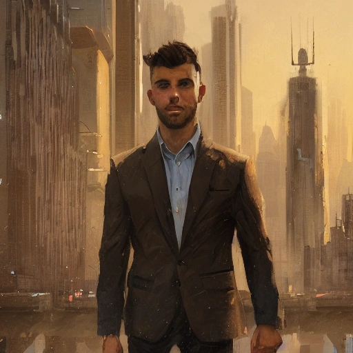 portrait of a young man by Greg Rutkowski, short quiff brown hair, attractive, symmetrical, kind, strong, smiling, manly, nice, highly detailed portrait, bright open eyes, cityscape in background, scifi, realistic digital painting, artstation, concept art, smooth, sharp focus illustration, Artstation HQ, city skyline in background

