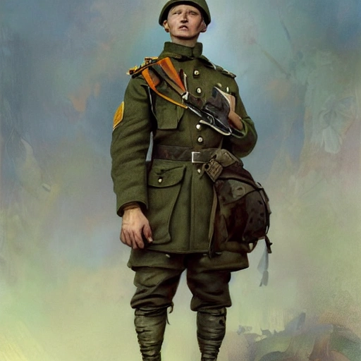 Perfect drawing of a brave Ukrainian soldier after victory in the great war, wearing a coat of arms of Ukraine, complex, highly detailed, 3D, popular on artstation, complex, elegant, highly detailed, digital painting, artstation, concept art, smooth, sharp focus, illustration , art by artgerm and greg rutkowski and Alfons Mucha, 8k