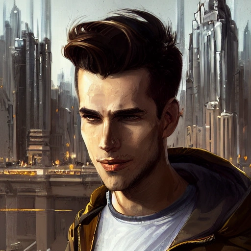 portrait of a young man by Greg Rutkowski, short quiff brown hair, attractive, symmetrical, kind, strong, smiling, manly, nice, highly detailed portrait, bright open eyes, cityscape in background, scifi, realistic digital painting, artstation, concept art, smooth, sharp focus illustration, Artstation HQ, city skyline in background

