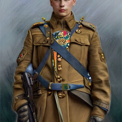 Perfect drawing of a brave Ukrainian soldier after victory in the great war, wearing a coat of arms of Ukraine, complex, highly detailed, 3D, popular on artstation, complex, elegant, highly detailed, digital painting, artstation, concept art, smooth, sharp focus, illustration , art by artgerm and greg rutkowski and Alfons Mucha, 8k