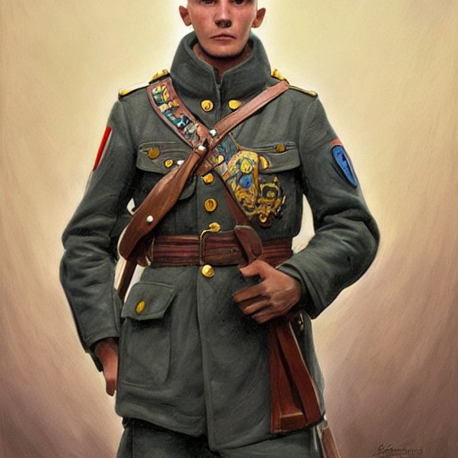 Perfect drawing of a brave Ukrainian soldier after victory in the great war, wearing a coat of arms of Ukraine, complex, highly detailed, 3D, popular on artstation, complex, elegant, highly detailed, digital painting, artstation, concept art, smooth, sharp focus, illustration , art by artgerm and greg rutkowski and Alfons Mucha, 8k