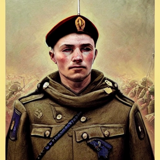 Perfect drawing of a brave Ukrainian soldier after victory in the great war, wearing a coat of arms of Ukraine, complex, highly detailed, 3D, popular on artstation, complex, elegant, highly detailed, digital painting, artstation, concept art, smooth, sharp focus, illustration , art by artgerm and greg rutkowski and Alfons Mucha, 8k