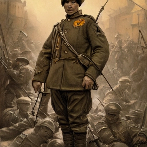 Perfect drawing of a brave Ukrainian soldier after victory in the great war, wearing a coat of arms of Ukraine, complex, highly detailed, 3D, popular on artstation, complex, elegant, highly detailed, digital painting, artstation, concept art, smooth, sharp focus, illustration , art by artgerm and greg rutkowski and Alfons Mucha, 8k