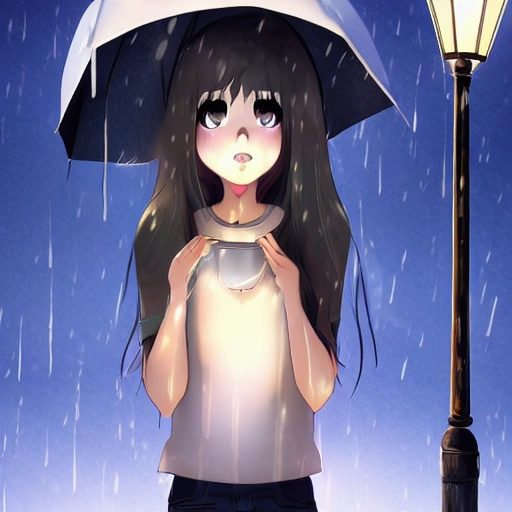 pretty girl sad face, long black hair asian african, big eyes, tall skinny full body picture, standing under lamppost, rainy night, detailed, Anime, Glamor Shot, Beautiful Lighting, Artstation  low angle shot  