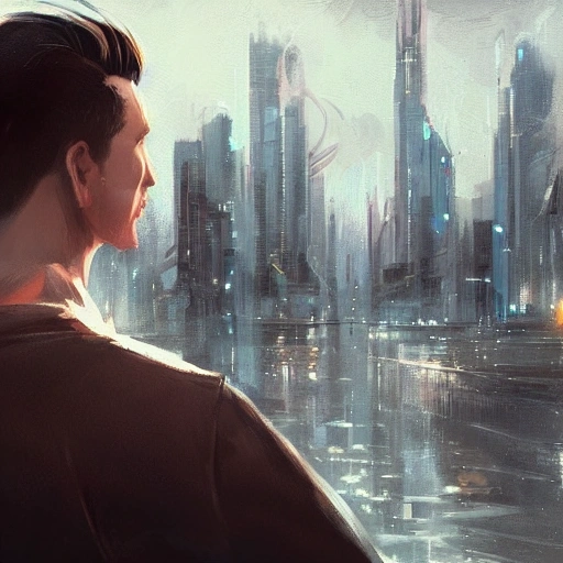 portrait of a young man by Greg Rutkowski, short quiff brown hair, attractive, symmetrical, kind, strong, smiling, manly, nice, highly detailed portrait, bright open eyes, cityscape in background, scifi, realistic digital painting, artstation, concept art, smooth, sharp focus illustration, Artstation HQ, city skyline in background

