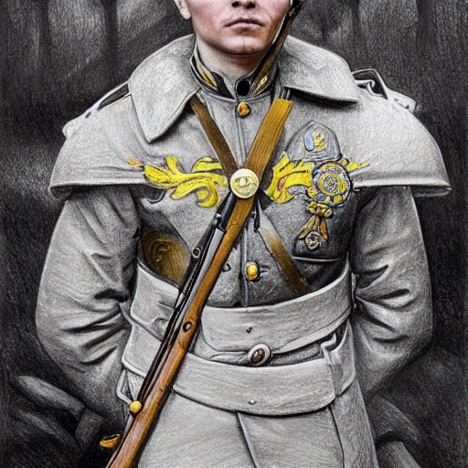 Perfect drawing of a brave Ukrainian soldier after victory in the great war, wearing a coat of arms of Ukraine, complex, highly detailed, 3D, popular on artstation, complex, elegant, highly detailed, digital painting, artstation, concept art, smooth, sharp focus, illustration , art by artgerm and greg rutkowski and Alfons Mucha, 8k