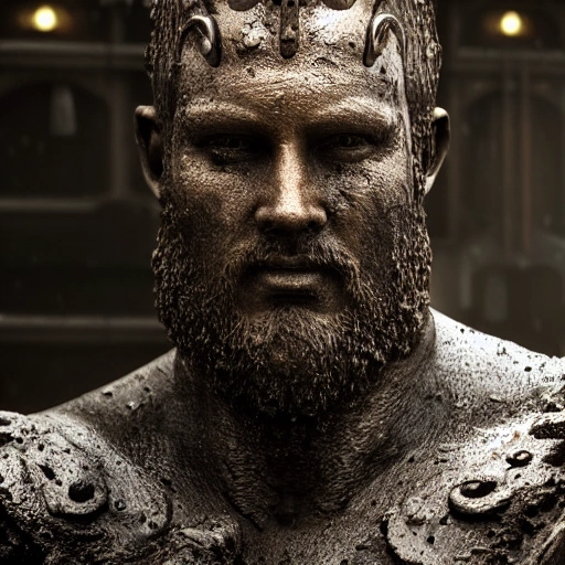 Close-up of Viking King emerging from wet black mud, hyper realistic, detail 8k, render ultra detailed, mdjrny-v4 style, symmetric, cyberpunk, intricate, centred 3d 150 mm, beautiful studio soft light, rim light, vibrant details, luxurious antic, hyperrealistic, anatomical, blade runner atmosphere , elegant, octane render, 8k, 3D