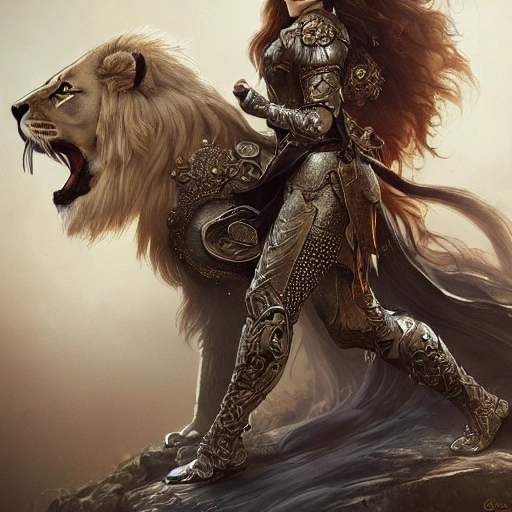 girl with lion in wearing armor, fantasy, intricate, elegant, highly detailed, digital painting, artstation, concept art, smooth, sharp focus, illustration, art by artgerm and greg rutkowski and alphonse mucha, detail 8k, render ultra detailed, centred 3d 150 mm, beautiful studio soft light, rim light, vibrant details,  hyperrealistic, anatomical, elegant, octane render, 8k, 3D