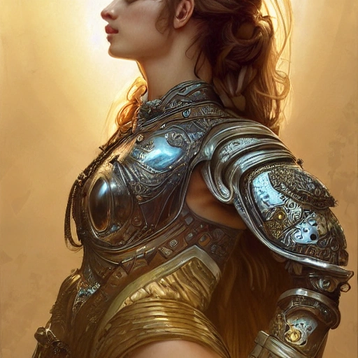 girl with lion in wearing armor, fantasy, intricate, elegant, highly detailed, digital painting, artstation, concept art, smooth, sharp focus, illustration, art by artgerm and greg rutkowski and alphonse mucha, detail 8k, render ultra detailed, centred 3d 150 mm, beautiful studio soft light, rim light, vibrant details,  hyperrealistic, anatomical, elegant, octane render, 8k, 3D