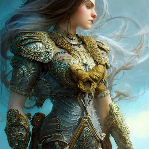 girl with lion in wearing armor, fantasy, intricate, elegant, highly detailed, digital painting, artstation, concept art, smooth, sharp focus, illustration, art by artgerm and greg rutkowski and alphonse mucha, detail 8k, render ultra detailed, centred 3d 150 mm, beautiful studio soft light, rim light, vibrant details,  hyperrealistic, anatomical, elegant, octane render, 8k, 3D, 16:9, HD, mdjrny-v4 style