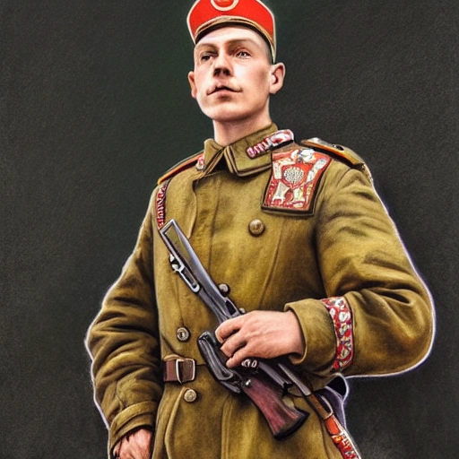 Perfect drawing of a brave Ukrainian soldier after victory in the great war, wearing a coat of arms of Ukraine, complex, highly detailed, 3D, popular on artstation, complex, elegant, highly detailed, digital painting, artstation, concept art, smooth, sharp focus, illustration , art by artgerm and greg rutkowski and Alfons Mucha, 8k