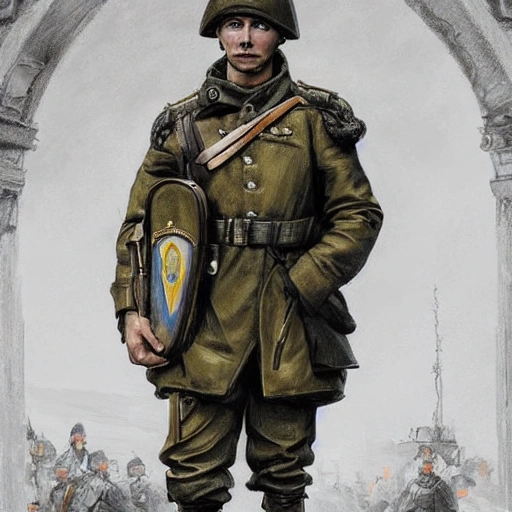 Perfect drawing of a brave Ukrainian soldier after victory in the great war, wearing a coat of arms of Ukraine, complex, highly detailed, 3D, popular on artstation, complex, elegant, highly detailed, digital painting, artstation, concept art, smooth, sharp focus, illustration , art by artgerm and greg rutkowski and Alfons Mucha, 8k