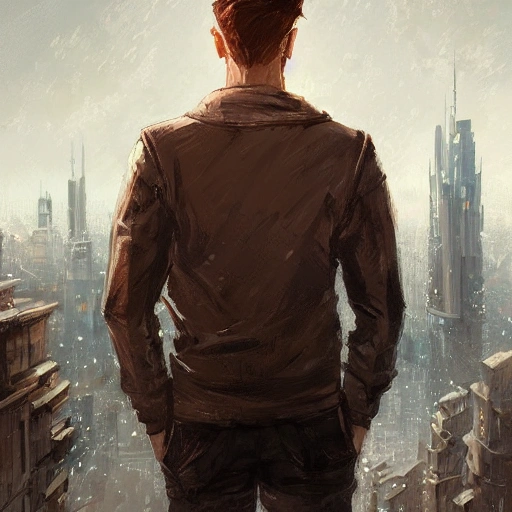 portrait of a young man by Greg Rutkowski, short quiff brown hair, attractive, symmetrical, kind, strong, smiling, manly, nice, highly detailed portrait, bright open eyes, cityscape in background, scifi, realistic digital painting, artstation, concept art, smooth, sharp focus illustration, Artstation HQ, city skyline in background

