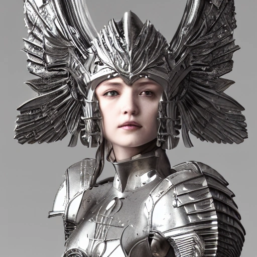 girl wearing silver armor with iron lion wings by Ayami Kojima, Amano, Karol Bak, Greg Hildebrandt, and Mark Brooks, by Antonio Caparo and Ferdinand Knab and Greg Rutkowski UHD octane render, soft studio light, sharpen, high detail, 8k, photorealistic, HD, detail 8k, render ultra detailed, centred 3d 150 mm, beautiful studio soft light, rim light, vibrant details,  hyperrealistic, anatomical, elegant, octane render, 8k, 3D, 16:9, HD, mdjrny-v4 style