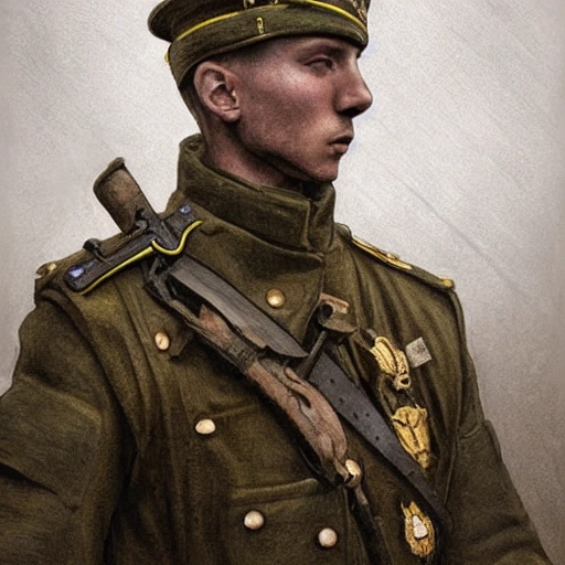 Perfect drawing of a brave Ukrainian soldier after victory in the great war, wearing a coat of arms of Ukraine, complex, highly detailed, 3D, popular on artstation, complex, elegant, highly detailed, digital painting, artstation, concept art, smooth, sharp focus, illustration , art by artgerm and greg rutkowski and Alfons Mucha, 8k