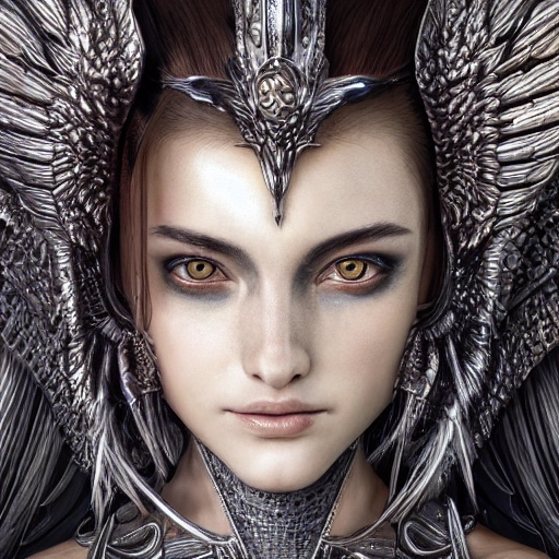 close up portrait, girl with beautiful face wearing silver armor with iron lion wings by Ayami Kojima, Amano, Karol Bak, Greg Hildebrandt, and Mark Brooks, by Antonio Caparo and Ferdinand Knab and Greg Rutkowski, sharpen, high detail, 8k, photorealistic, HD, detail 8k, render ultra detailed, centred 3d 150 mm, beautiful studio soft light, rim light, vibrant details,  hyperrealistic, anatomical, elegant, octane render, 8k, 3D, 16:9, mdjrny-v4 style