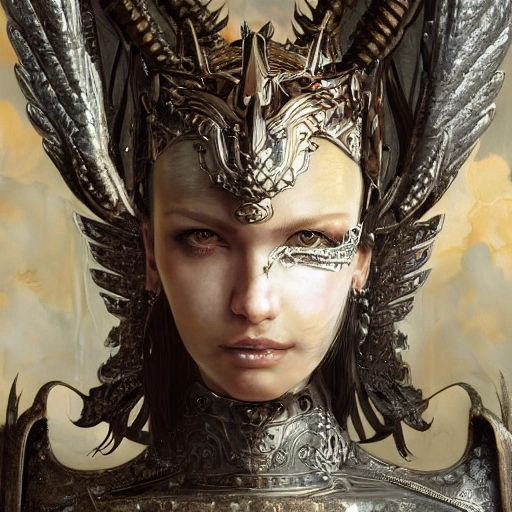 close up portrait, girl with beautiful face wearing silver armor with iron lion wings by Ayami Kojima, Amano, Karol Bak, Greg Hildebrandt, and Mark Brooks, by Antonio Caparo and Ferdinand Knab and Greg Rutkowski, sharpen, high detail, 8k, photorealistic, HD, detail 8k, render ultra detailed, centred 3d 150 mm, beautiful studio soft light, rim light, vibrant details,  hyperrealistic, anatomical, elegant, octane render, 8k, 3D, 16:9, mdjrny-v4 style