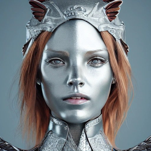 portrait, girl with beautiful face wearing silver armor with iron lion wings by Victoria Secret, sharpen, high detail, 8k, photorealistic, HD, detail 8k, render ultra detailed, centred 3d 150 mm, beautiful studio soft light, rim light, vibrant details,  hyperrealistic, anatomical, elegant, octane render, 8k, 3D, 16:9, mdjrny-v4 style