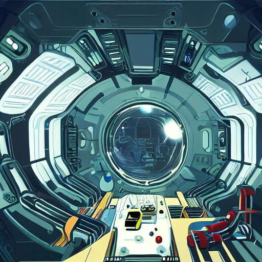 an illustration of the inside of a space station inspired by Michael Deforge's depiction of 'Inside A Snowplow, Snowglow, Moebius, Greg Rutkowski, Zabrocki, Karlkka, Jayison Devadas, Phuoc Quan, Sadamoto Yoshiyuki, trending on Artstation, 8K, digital painting, concept art, smooth, sharp focus, illustration, summer vibrancy, cinematic, details, noisy film grain effect, super wide shot, 30mm, intricate, very very high detailed perfect faces, sharpen, red and blue color, more detailed, 3D appearance, full-length view, vibrant colors, high contrast, symmetry, great composition, high detail, cinematic lighting, award winning masterpiece, trending on artstation, octane render, soft studio light, sharpen, high detail, 8k, photorealistic, HD, detail 8k, render ultra detailed, centred 3d 150 mm, beautiful studio soft light, rim light, vibrant details,  hyperrealistic, anatomical, elegant, octane render, 8k, 3D, 16:9, HD, mdjrny-v4 style, wide shot, 35mm, cinematic, beautiful studio soft light, hyperrealistic, cyberpunk city, mdjrny-v4 style, 2001: A Space Odyssey by Stanley Kubrick