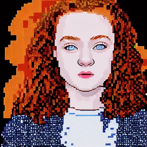 Sadie Sink as a pixel art version. high definition, simetric face and body. 