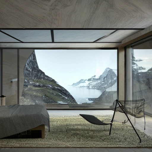 A futuristic room with amazing nature and a viewpoint towards an Outdoor setting as in Norway landscapes, realistic render, 
photorealism, architecture, 2160 p, 