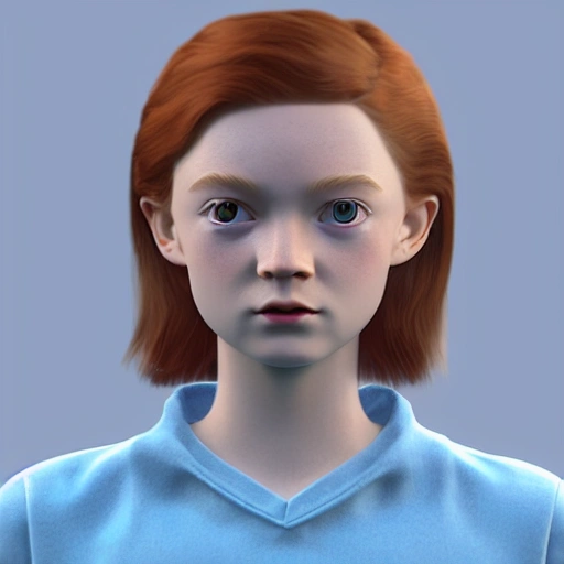 Sadie Sink as a render 3d view from left. high definition, simetric face, Blender 3d, Z-brush, Unity, 8k.