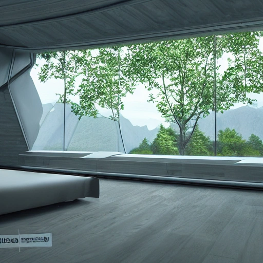 A futuristic room with a viewpoint towards an Outdoor setting as in Swiss landscapes, hyperrealistic, render, 
photorealism, architecture, photographic, 8k, epic ambient light, detailed