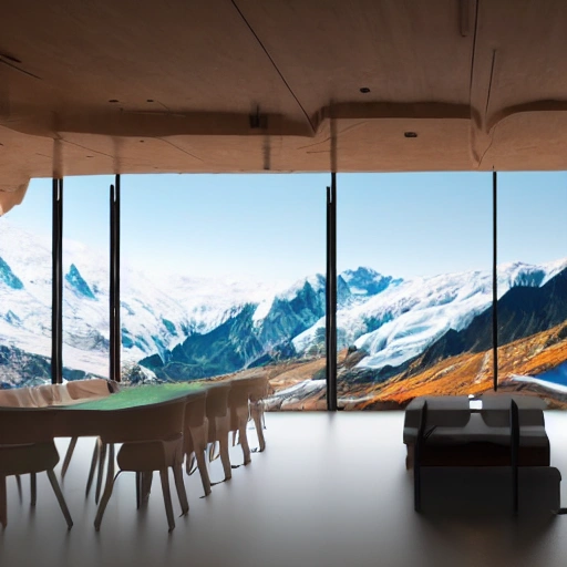 A futuristic room with a viewpoint towards an Outdoor setting as in Swiss landscapes, hyperrealistic, render, 
photorealism, architecture, photographic, 8k, epic ambient light, detailed