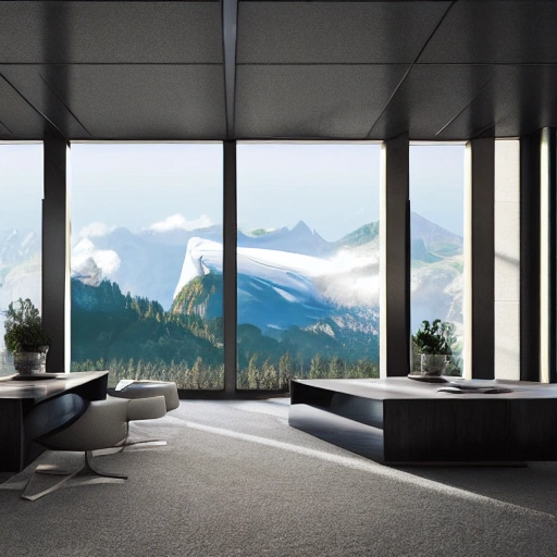 A futuristic room with a viewpoint towards an Outdoor setting as in Swiss landscapes and mountains, hyperrealistic, render, 
photorealism, architecture, photographic, 8k, epic ambient light, elegant, luxurious