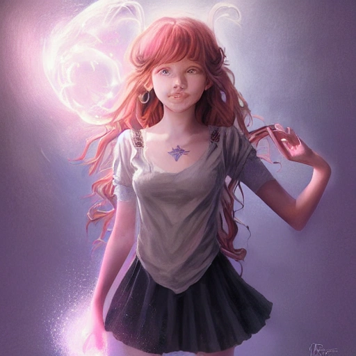 realistic portrait of a innocent young teen girl, d&d magic fantasy, dark magical school student uniform, light curly hair, casting a bright large-scale magical spell around herself, overflowing energy, highly detailed, digital painting, trending on artstation, pixiv, concept art, sharp focus, illustration, art by Ross Tran and Greg Rutkowski and Walt Disney animation, Trippy