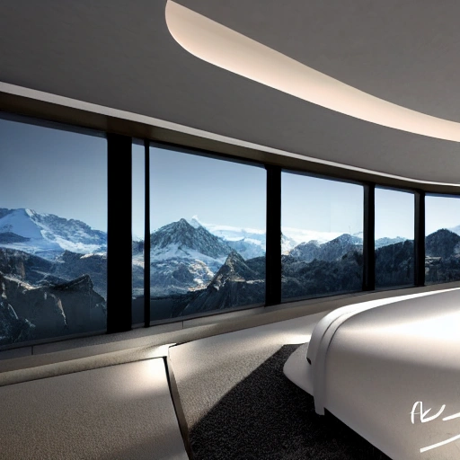 A futuristic room with a viewpoint towards an Outdoor setting as in Swiss landscapes and mountains, hyperrealistic, render, 
photorealistic, architecture, photographic, 8k, epic ambient light, elegant, luxurious, 4k, highest quality, detailed, high resolution photography, f/1.8, 85mm