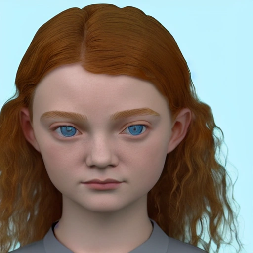 Sadie Sink as a render 3d view left. high definition, simetric face, Blender 3d, Z-brush, Unity, 8k.