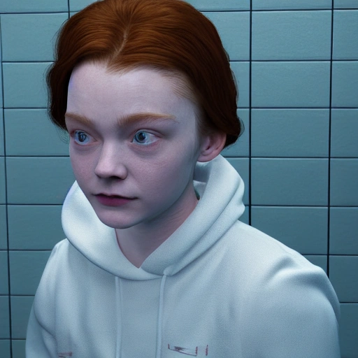 Sadie Sink in the bathroom. high definition, simetric face, Blender 3d, Z-brush, Unity, 8k.